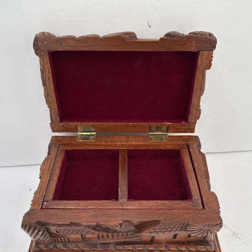 Vintage Hand Carved Folk Art Wooden Jewelry Trinket Box Red Velvet Lined